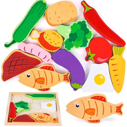 LovesTown 12PCS Wooden Food Stacking Puzzles Chunky Jigsaw Puzzles Montessori Toys Educational Preschool Activities Fine Motor Toys for Kids