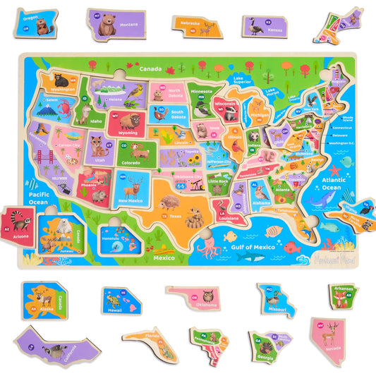Montessori Mama Wooden USA Map Puzzle and World Continents and Oceans Map Puzzle (USA Map Puzzle)